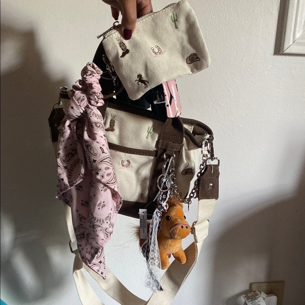 Cowgirl Cream Canvas Mini Tote with Pink Bandana Hair Tie, & horse theme charms